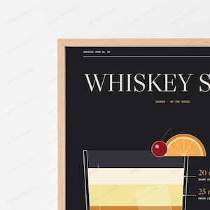 May include: A framed wall art print featuring a black background with the text WHISKEY S, COCKTAIL SPEC No. 09, and SHAKEN ON THE ROCKS. The graphic includes a stylized cocktail glass with a cherry and an orange slice garnish.