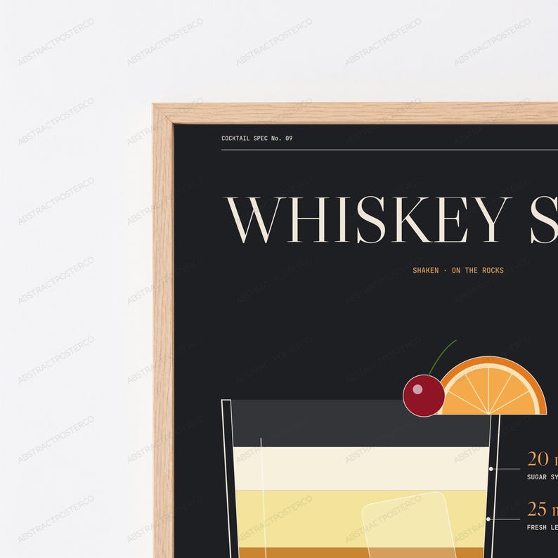 May include: A framed wall art print featuring a black background with the text WHISKEY S, COCKTAIL SPEC No. 09, and SHAKEN ON THE ROCKS. The graphic includes a stylized cocktail glass with a cherry and an orange slice garnish.