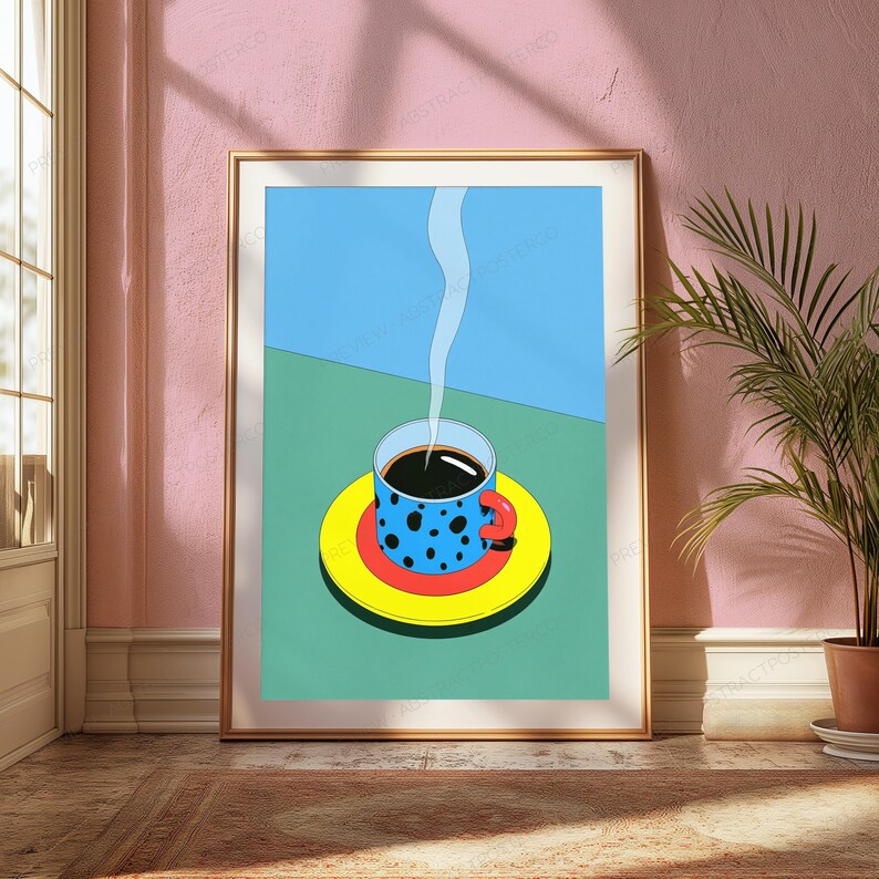 Steaming Coffee Cup Pop Art Print | Colorful Minimalist Kitchen Wall Art | Modern Home Decor | Digital Download A3 A2 A1 image 4