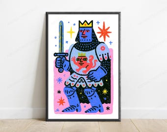 Stampa Pop Art del Re Cosmico / Arte murale retrò massimalista / Illustrazione di un personaggio colorato / Download digitale A3 A2 A1