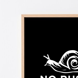 May include: A framed wall art print featuring a solid black background with a white graphic illustration of a snail. Below the snail, the white text reads NO RUSH. The frame is made of light-coloured wood with a visible grain, surrounding the print.