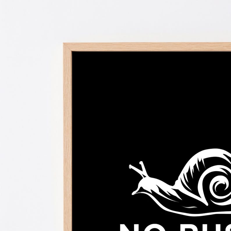 May include: A framed wall art print featuring a solid black background with a white graphic illustration of a snail. Below the snail, the white text reads NO RUSH. The frame is made of light-coloured wood with a visible grain, surrounding the print.