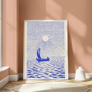 Sailing Boat Mountain Sunrise Line Art Print | Blue Minimalist Wall Art | Nautical Home Decor | Digital Download A3 A2 A1 image 4