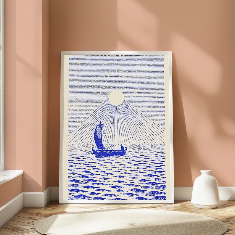 Sailing Boat Mountain Sunrise Line Art Print | Blue Minimalist Wall Art | Nautical Home Decor | Digital Download A3 A2 A1 image 4