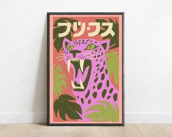 Impression Pop Art Roar léopard rose | Art mural animal sauvage | Décoration d'intérieur minimaliste | Téléchargement numérique A3 A2 A1