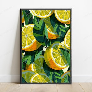 May include: A framed vertical wall art print featuring a vibrant pattern of sliced yellow lemons and deep green leaves. The illustration displays multiple citrus segments with bright yellow flesh and textured rinds, interspersed with dark green foliage.