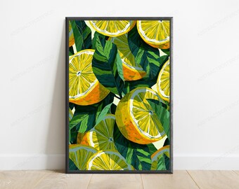 Lemon Citrus Leaves Botanical Print | Summer Food Art | Minimalist Kitchen Wall Decor | Digital Download A3 A2 A1