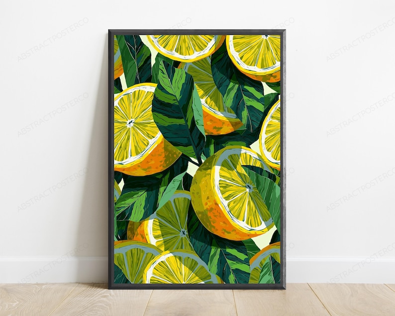 May include: A framed vertical wall art print featuring a vibrant pattern of sliced yellow lemons and deep green leaves. The illustration displays multiple citrus segments with bright yellow flesh and textured rinds, interspersed with dark green foliage.