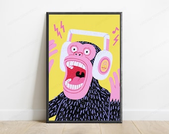Pink Monkey Headphones Pop Art Print | Quirky Music Animal Wall Art | Retro Colour Home Decor | Digital Download A3 A2 A1