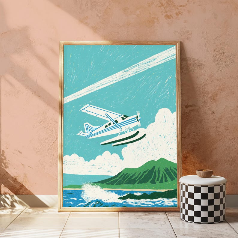 Retro Airplane Mountain Landscape Print | Vintage Travel Poster Art | Turquoise Aviation Wall Decor | Digital Download A3 A2 A1 image 4
