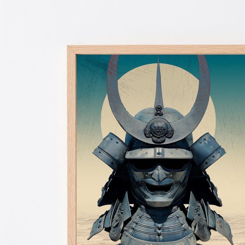 May include: A framed wall art print featuring a dark blue samurai helmet with a prominent crescent-shaped crest. The helmet is centered against a large, pale yellow circular sun set against a teal and beige gradient background with a textured finish.