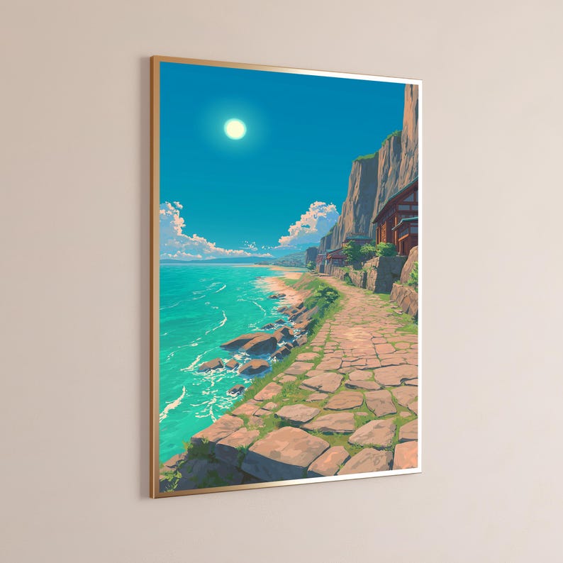 K&ouml;nnte beinhalten: Ein gerahmter Wandkunstdruck, der eine K&uuml;stenszene mit einem Steinpfad zeigt, der sich entlang einer Klippe &uuml;ber einem t&uuml;rkisfarbenen Meer schl&auml;ngelt. Eine helle Sonne scheint an einem klaren blauen Himmel &uuml;ber felsigem Gel&auml;nde.