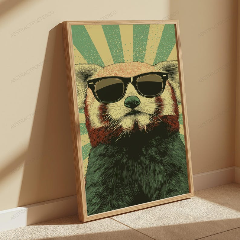 May include: A framed wall art print featuring a stylized illustration of a red panda wearing black sunglasses. The background consists of alternating light green and beige sunburst rays. The red panda has detailed fur textures in shades of red, brown, and dark green.