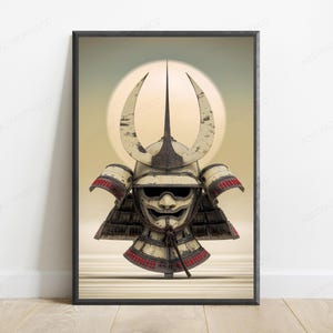 May include: A framed wall art print featuring a detailed illustration of a samurai helmet with a mask. The helmet is off-white with dark weathered accents, red trim, and a prominent central crest. It is set against a pale circular background.