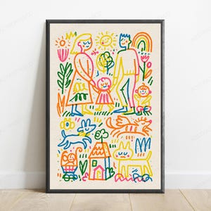 May include: A framed wall art print featuring a colorful, hand-drawn style illustration of a family, pets, and a house. The vibrant artwork uses bright lines in red, yellow, blue, orange, and green to depict figures, a sun, a rainbow, and a small home.