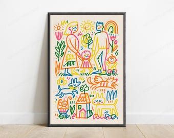 Lámina decorativa colorida con diseño de familia feliz / Decoración para el hogar con arcoíris / Arte mural minimalista / Descarga digital A3 A2 A1