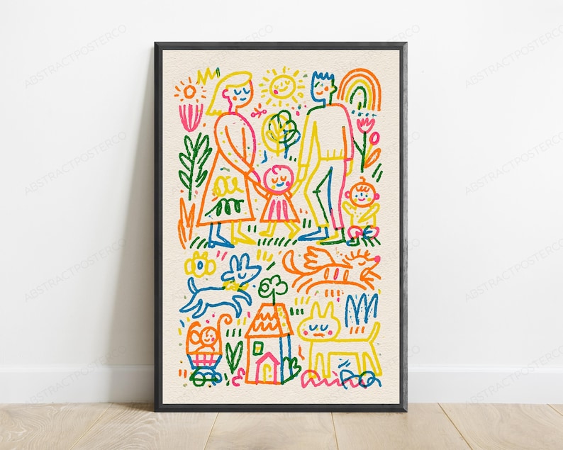 May include: A framed wall art print featuring a colorful, hand-drawn style illustration of a family, pets, and a house. The vibrant artwork uses bright lines in red, yellow, blue, orange, and green to depict figures, a sun, a rainbow, and a small home.