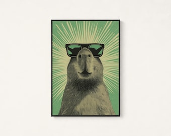 Cool Capybara Sunglasses Print | Retro Pop Art Wall Decor | Minimalist Animal Illustration