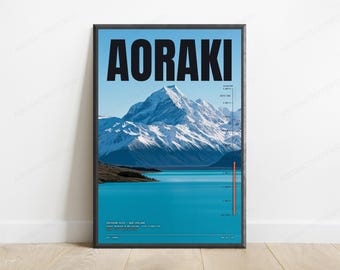 Mount Aoraki Elevation Map Print | New Zealand Alpine Landscape | Minimalist Travel Poster