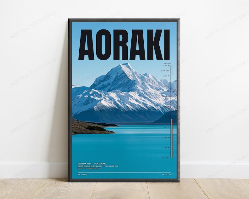 Mount Aoraki Elevation Map Print | New Zealand Alpine Landscape | Minimalist Travel Poster image 1
