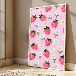 Strawberry Daisy Floral Pattern Print | Pink Food Art | Minimalist Botanical Wall Decor | Digital Download A3 A2 A1 image 3