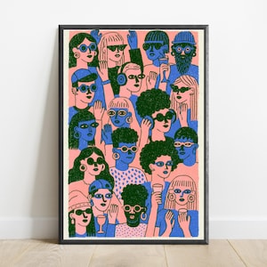 May include: A framed art print featuring a dense crowd of people illustrated in a graphic style. The figures are rendered in blue and green ink on a light pink background, many wearing sunglasses, hats, or headphones and holding drinks.