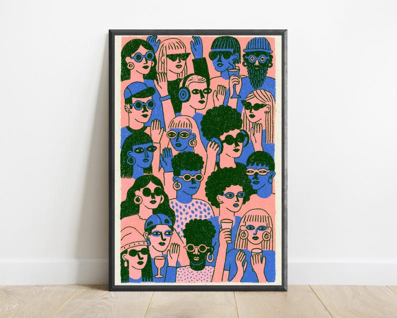May include: A framed art print featuring a dense crowd of people illustrated in a graphic style. The figures are rendered in blue and green ink on a light pink background, many wearing sunglasses, hats, or headphones and holding drinks.