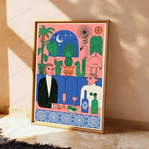 May include: A framed art print featuring a stylized illustration of two people sitting at a blue booth with a pink background. The scene includes a flamingo, potted plants, a crescent moon, a saxophone, two glasses, and two bottles on a table.