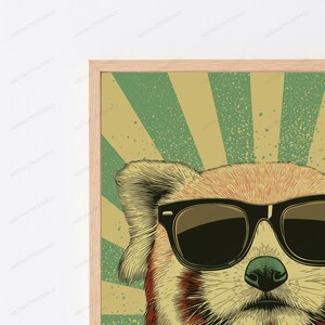 May include: A framed wall art print featuring a close-up illustration of a red panda wearing black sunglasses. The background consists of a retro-style sunburst pattern in muted green and tan colors with a speckled, distressed texture throughout.