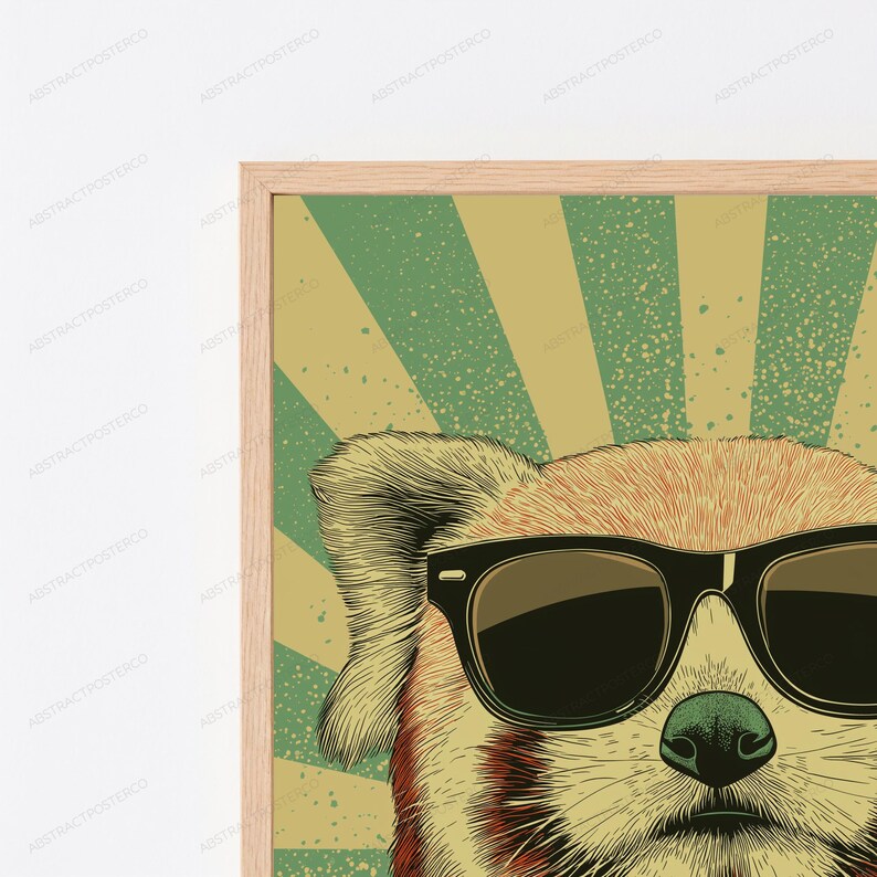 May include: A framed wall art print featuring a close-up illustration of a red panda wearing black sunglasses. The background consists of a retro-style sunburst pattern in muted green and tan colors with a speckled, distressed texture throughout.