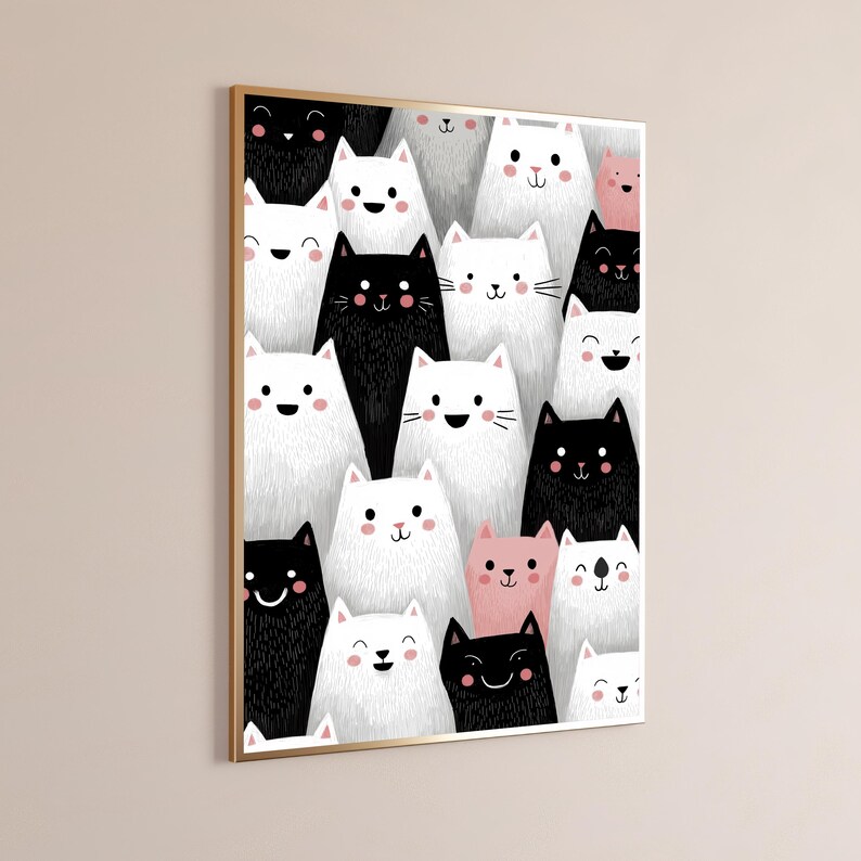 K&ouml;nnte beinhalten: Ein rechteckiger Wandkunstdruck in einem d&uuml;nnen goldenen Rahmen mit einem dichten, sich wiederholenden Muster aus stilisierten Katzen. Die Katzen sind in Schwarz, Wei&szlig; und zartem Rosa gehalten und haben einfache Gesichtsz&uuml;ge mit kleinen Augen und rosa Wangen.