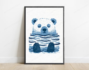 Loutre dans les ondulations de l'eau - Affiche minimaliste | Décoration murale faune bleue | Décoration nature | Téléchargement numérique A3 A2 A1