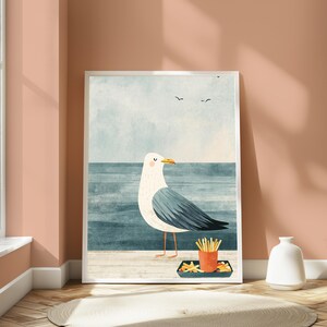 Seagull with Chips Minimalist Art Print | Coastal Beach Wall Art | Funny Food Print | Digital Download A3 A2 A1 image 4