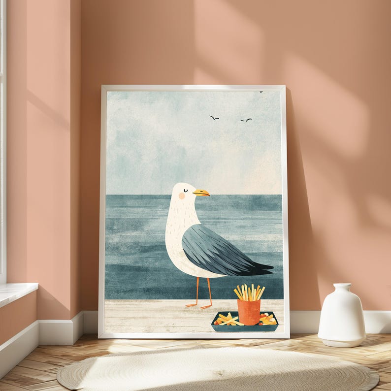 Seagull with Chips Minimalist Art Print | Coastal Beach Wall Art | Funny Food Print | Digital Download A3 A2 A1 image 4