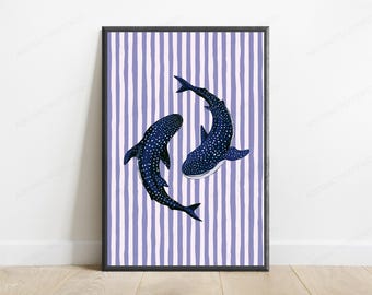 Whale Shark Spotted Navy Minimalist | Ocean Marine Art Print | Striped Beach Wall Decor