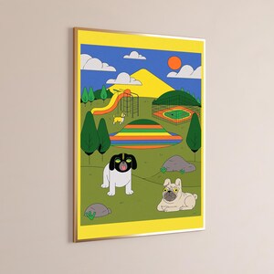May include: A framed art print featuring a colorful park scene with a yellow slide, a fenced area, and a striped mound. Two dogs are in the foreground: one black and white, the other beige. The background includes green trees, white clouds, and a bright orange sun.
