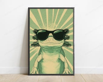 Lámina de ajolote con gafas de sol estilo pop art / Arte mural retro de anfibios / Decoración minimalista para el hogar / Descarga digital A3 A2 A1