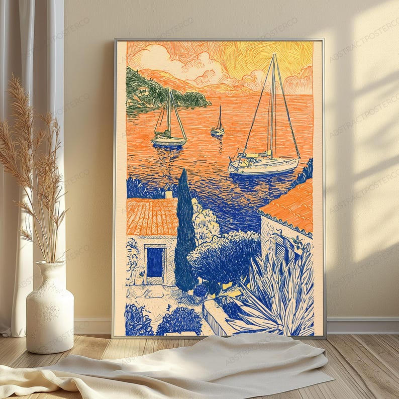Seaside Sailboats Coastal Landscape Line Art Print | Mediterranean Sailing Wall Art | Minimalist Home Decor | Digital Download A3 A2 A1 image 4