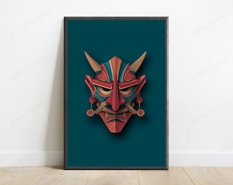 Japanese Oni Mask Minimalist Art Print | Red Demon Wall Art | Anime Aesthetic Decor | Digital Download