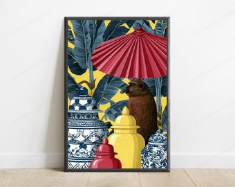 Capibara Paraguas Rojo Estampado Tropical / Arte de Pared con Animales Fantásticos / Decoración para el Hogar con Roedores Exóticos / Descarga Digital A3 A2 A1
