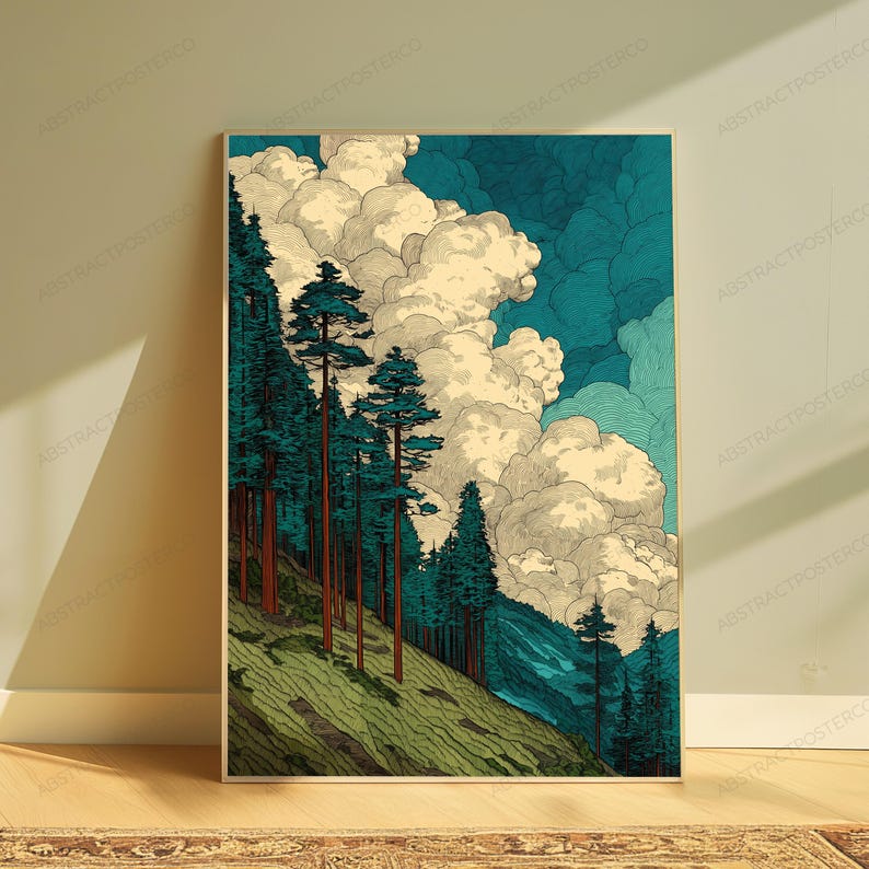 May include: A vertical art print featuring a landscape of tall, slender pine trees on a grassy, textured hillside. Above the trees, large, voluminous, cream-colored clouds fill the sky against a deep teal background with fine line details.
