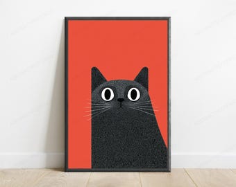 Dark Cat Red Background Pop Art Print | Minimalist Feline Portrait | Bold Wall Art | Digital Download A3 A2 A1