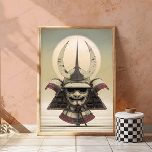 May include: A framed wall art print featuring a detailed illustration of a traditional samurai helmet with a mask, set against a pale circular background. The helmet is off-white with dark weathered accents and red detailing on the neck guard.