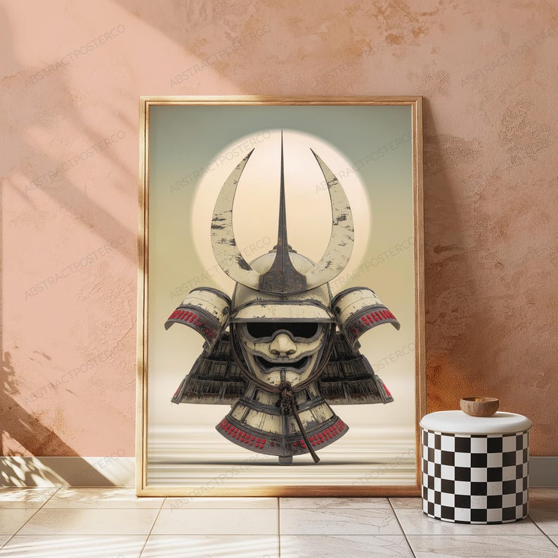 May include: A framed wall art print featuring a detailed illustration of a traditional samurai helmet with a mask, set against a pale circular background. The helmet is off-white with dark weathered accents and red detailing on the neck guard.