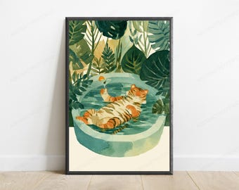 Cuadro decorativo de fiesta en la piscina con temática de tigres / Lámina de acuarela de la jungla tropical / Decoración de bienestar con animales / Descarga digital A3 A2 A1