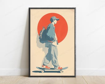 Skateboarder with Backpack Red Sun Print | Urban Street Art | Minimalist Wall Decor | Digital Download A3 A2 A1