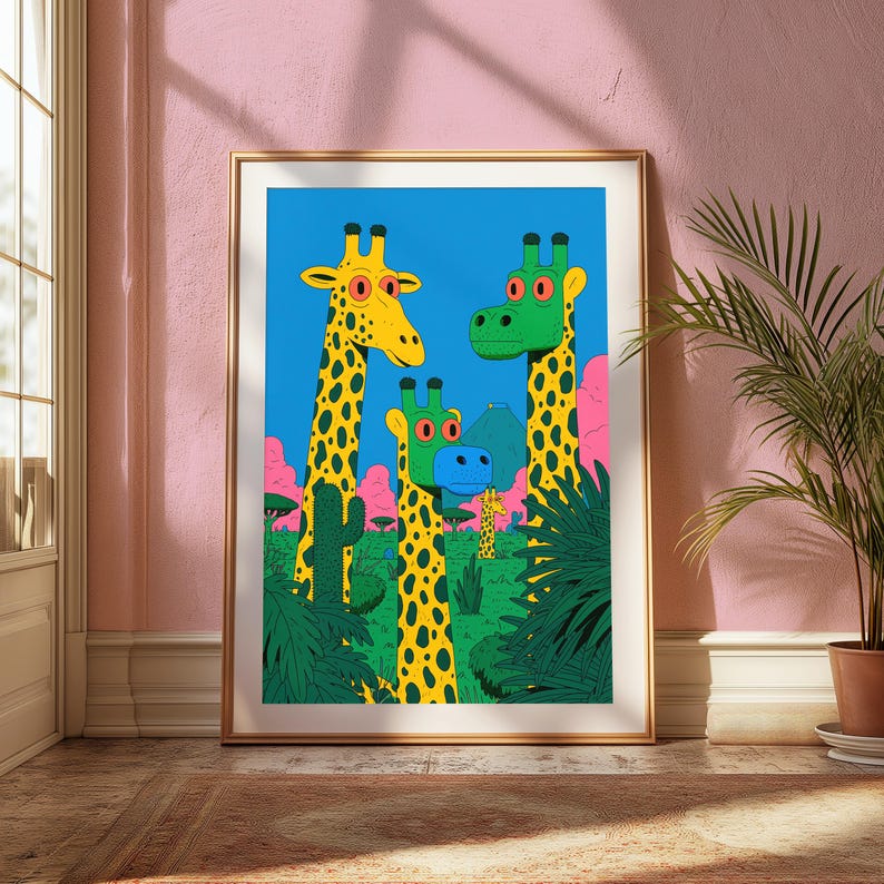 Puede incluir: Una l&aacute;mina art&iacute;stica enmarcada que muestra tres jirafas estilizadas con patrones de manchas amarillas y negras sobre un cielo azul brillante. La escena incluye cactus verdes, follaje exuberante y nubes rosas en una ilustraci&oacute;n paisaj&iacute;stica vibrante.