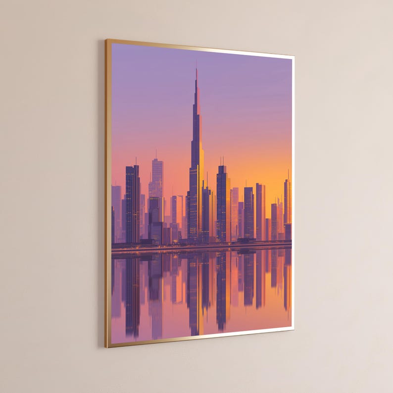 May include: A framed wall art print featuring a stylized cityscape of Dubai at sunset. The tall central skyscraper is surrounded by various buildings in shades of purple, orange, and yellow, with a clear reflection visible in the water below.