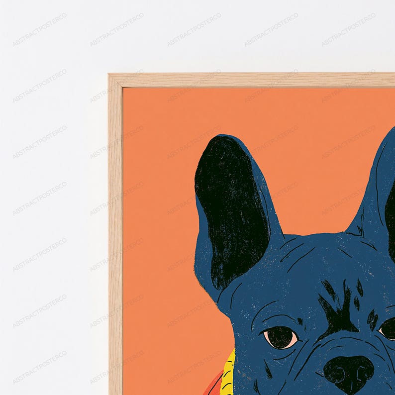 May include: A framed wall art print featuring a stylized illustration of a dark blue French Bulldog with large ears against a solid orange background. The dog is wearing a yellow collar, and the artwork is encased in a light-toned wooden frame.