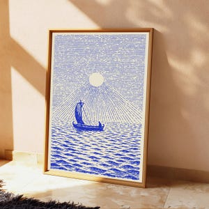 Sailing Boat Mountain Sunrise Line Art Print | Blue Minimalist Wall Art | Nautical Home Decor | Digital Download A3 A2 A1 image 10
